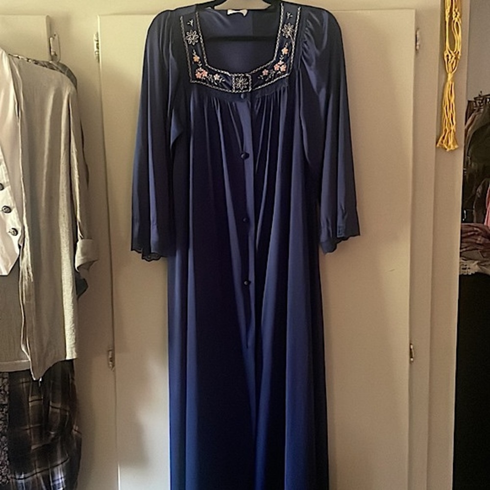 Vintage semi sheer blue floral maxi button down robe